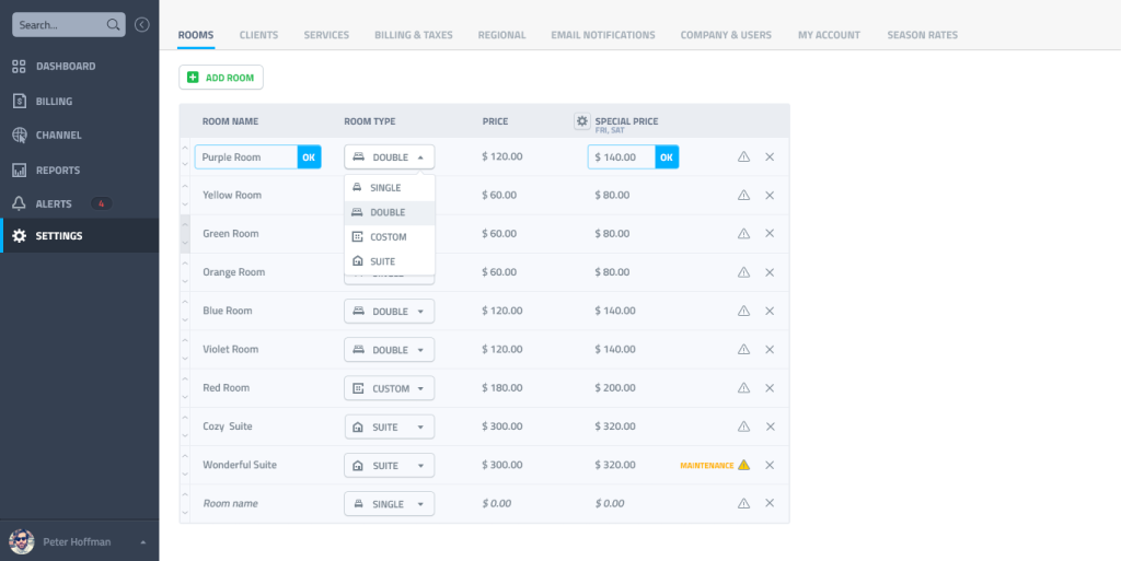 HoteloPro Room Rates Settings